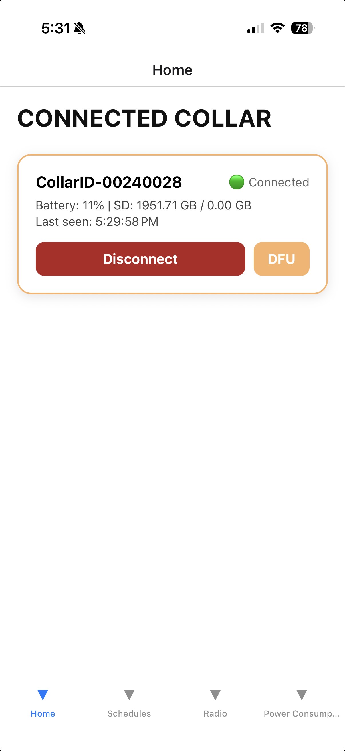 iOS app showing the device is connected over BLE