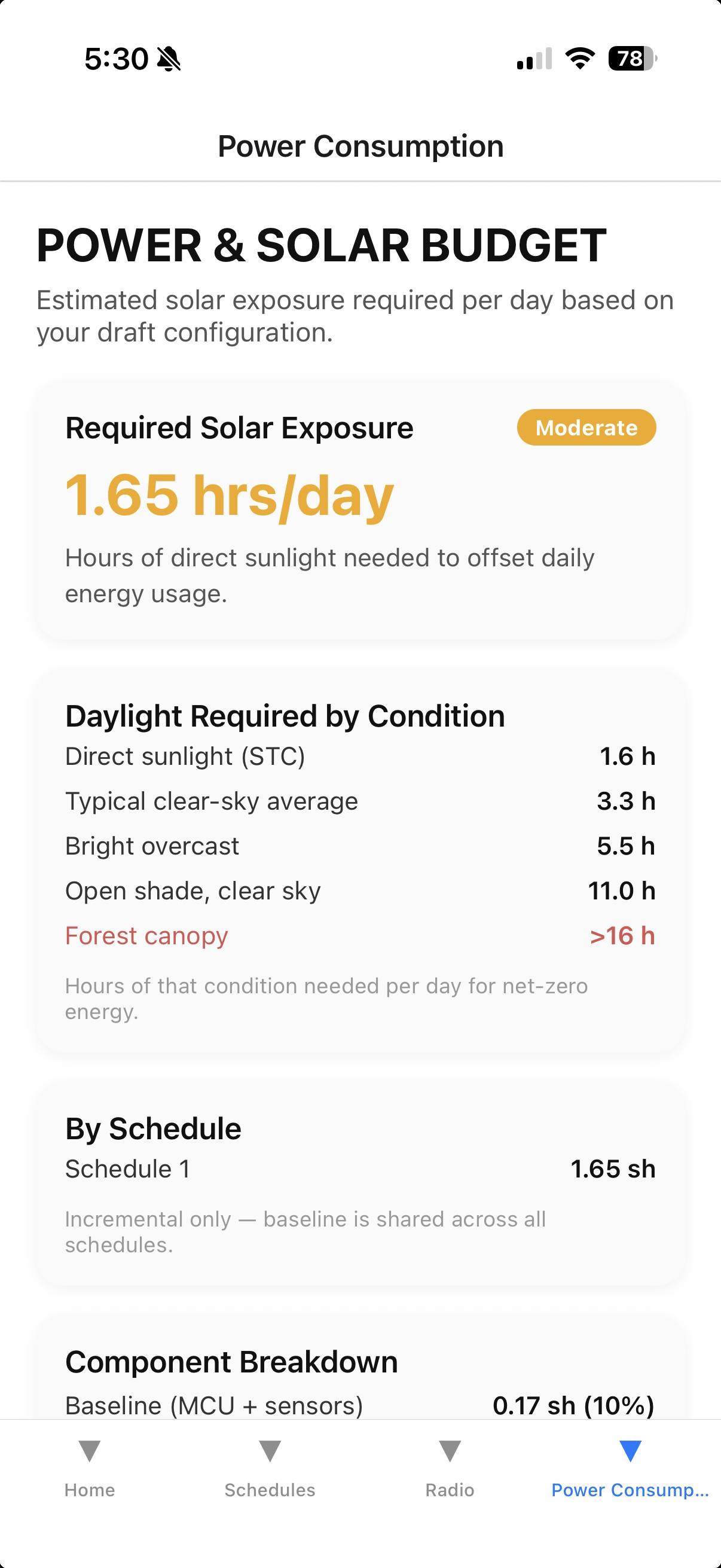 iOS app showing the power estimate for the configuration