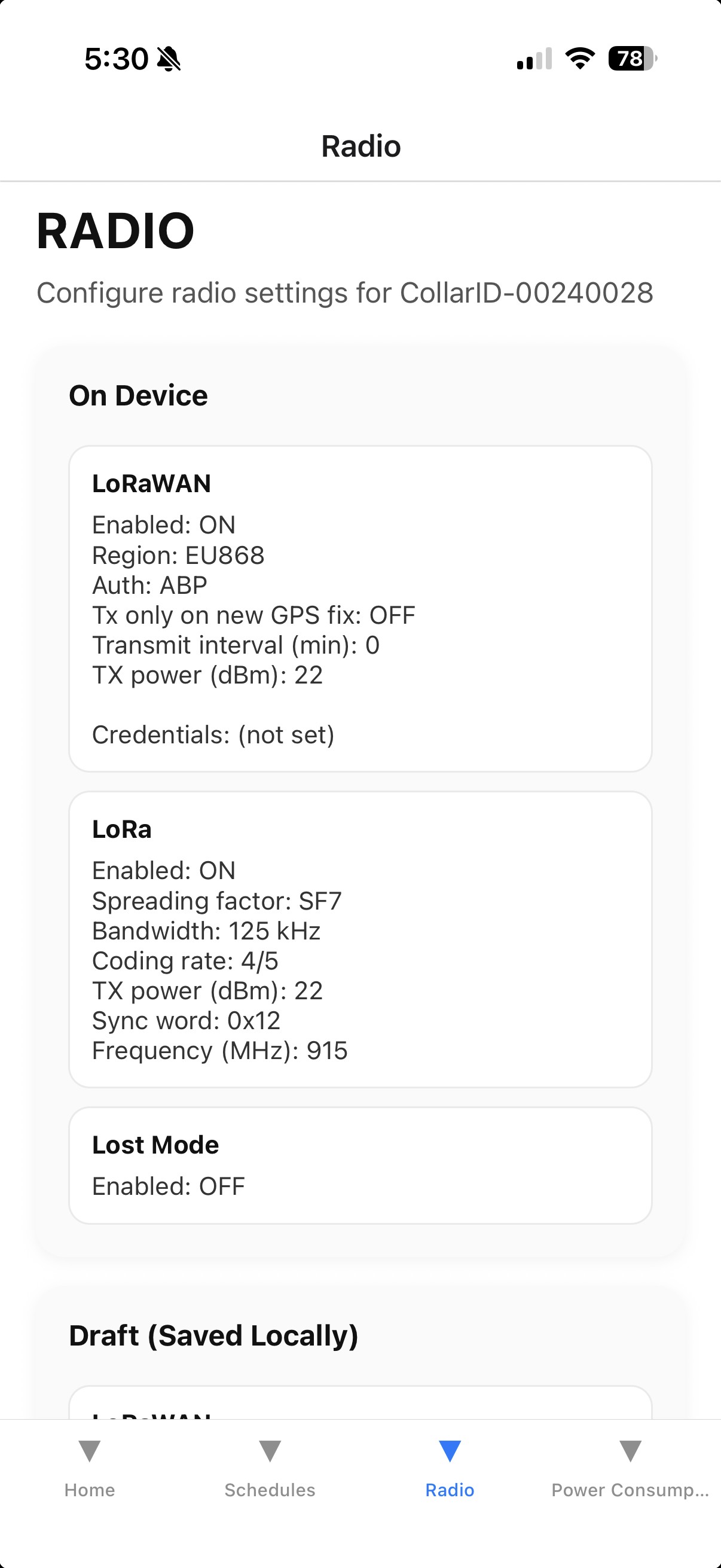 iOS app viewing the radio configuration on the connected device