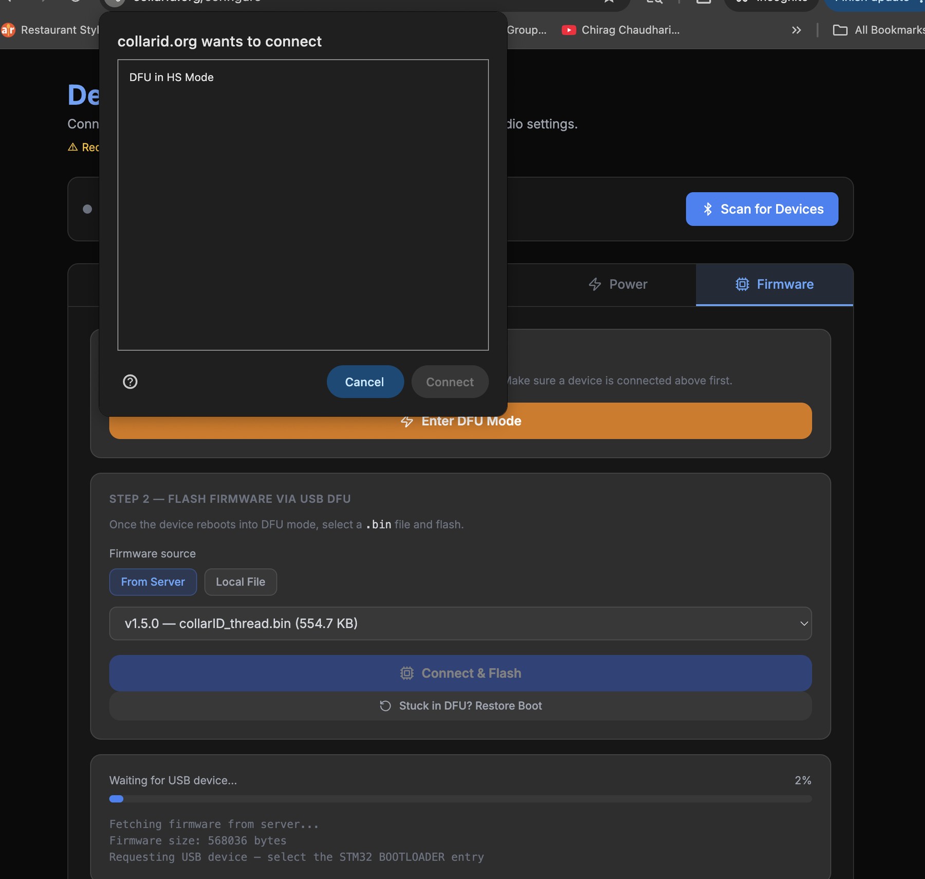 Firmware tab showing the device listed as DFU in HS Mode, ready to flash