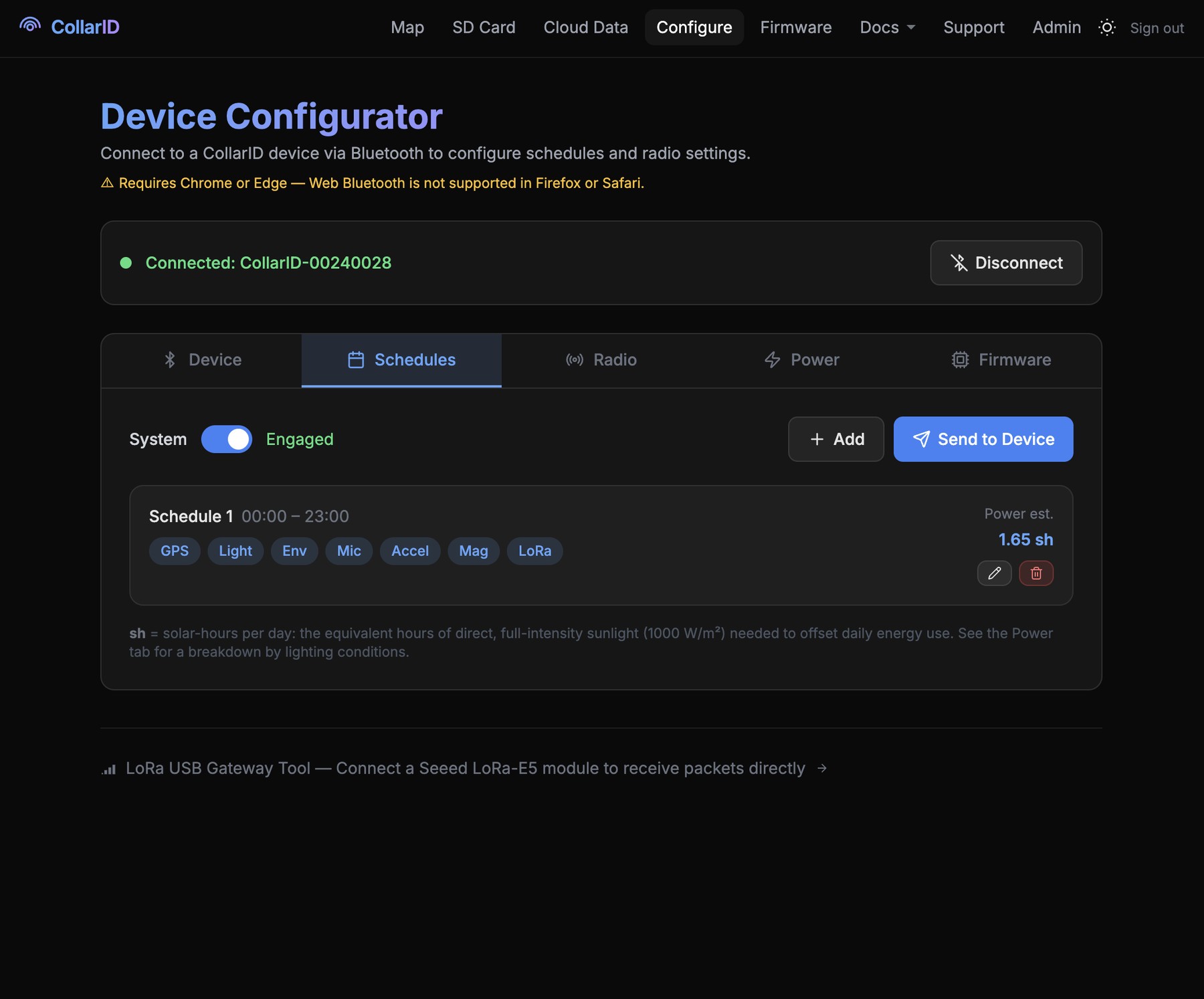 Web configurator showing the schedules currently on the connected device