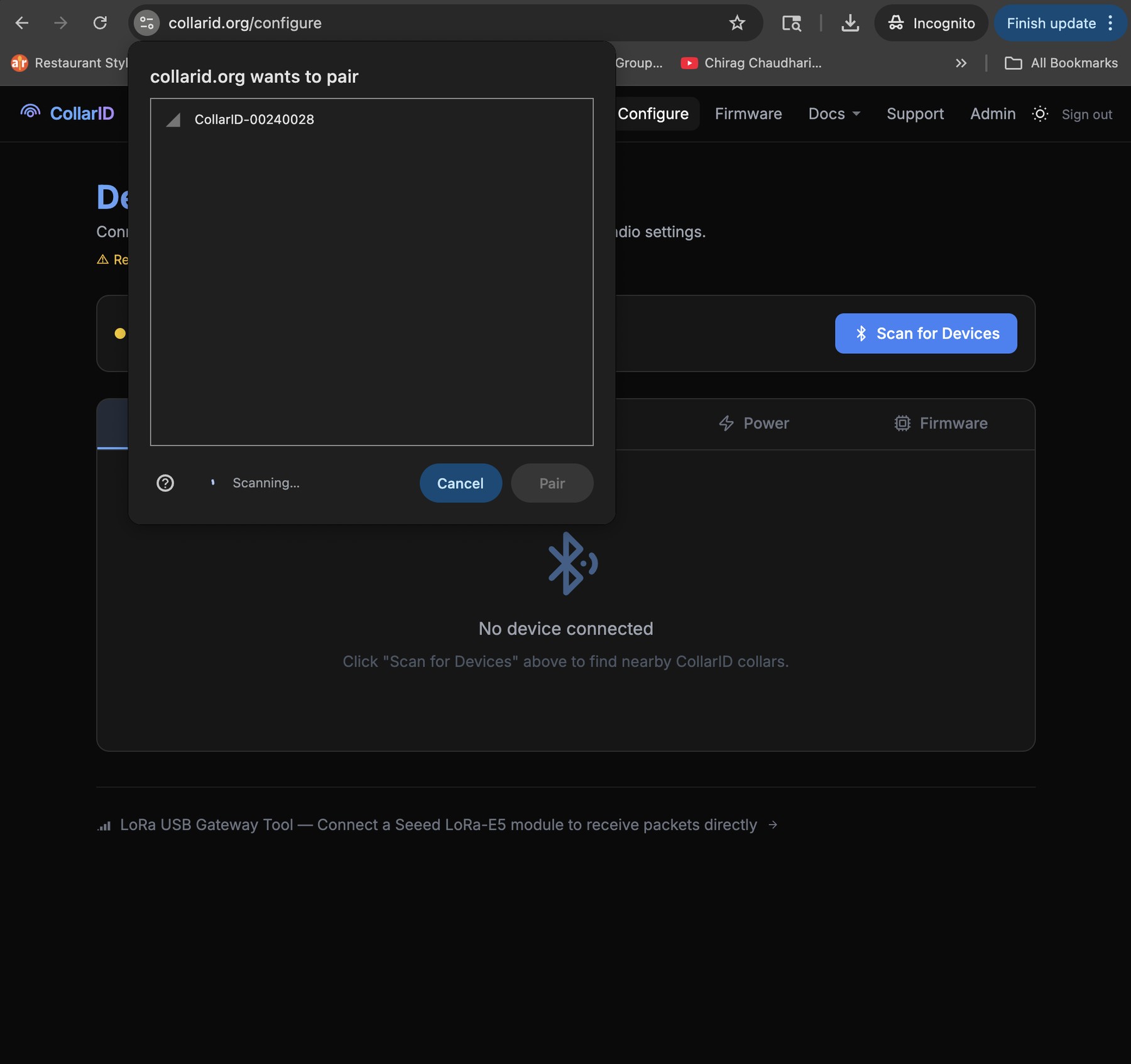 Chrome connecting to a CollarID device advertising over Bluetooth