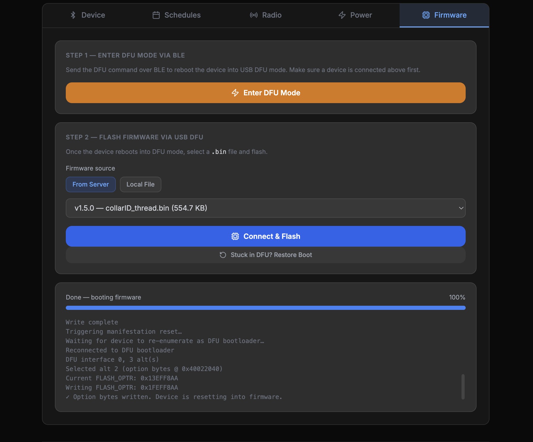 Firmware tab showing a successful firmware update